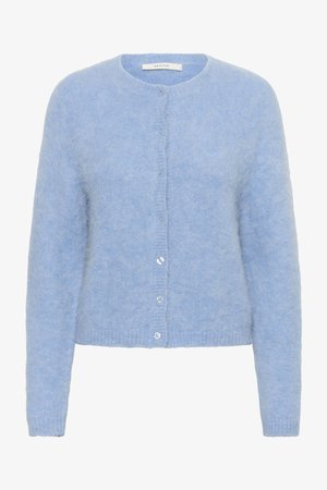 Light blue cardigan made of soft, textured fabric. Features a round neckline, long sleeves, and six matching buttons along the front.