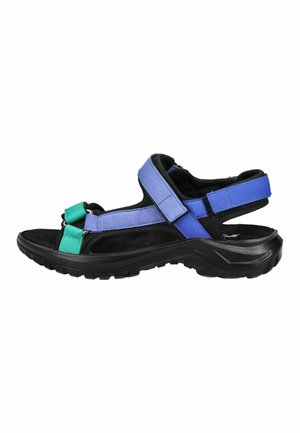 Sandalo con suola nera, cinturini regolabili blu e turchese e soletta imbottita, progettato per uso esterno o casual.