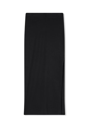Czarna, dopasowana spódnica do kolan wykonana z miękkiego, elastycznego materiału; posiada wysoki pas i boczne rozcięcie dla swobody ruchów.