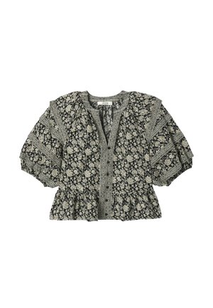 Blouse noire à manches courtes avec motif floral beige, encolure en V, boutonnage devant, manches bouffantes et ourlet volanté.