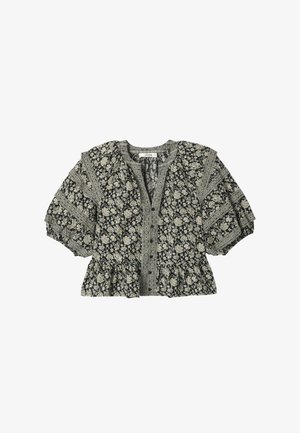 Blouse noire à manches courtes avec motif floral beige, encolure en V, boutonnage devant, manches bouffantes et ourlet volanté.