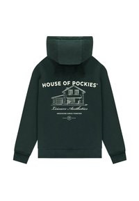 Felpa verde scuro realizzata in morbido tessuto, con una grafica frontale di una casa e il testo "HOUSE OF POCKIES" in color crema, e una tasca a marsupio.