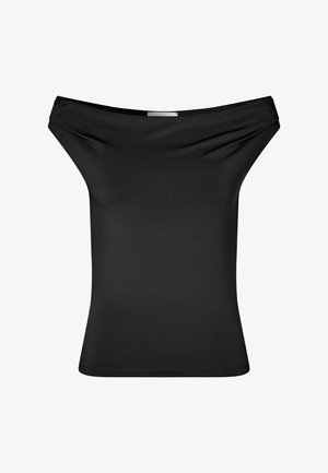 Sort off-shoulder top lavet af glat strækstof. Tætsiddende design med draperet halsudskæring, korte ærmer og lige kant.