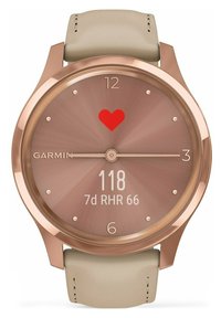 Smartwatch Garmin in oro rosa con cinturino in pelle beige che mostra l'icona del cuore, una frequenza cardiaca di 118 e una frequenza cardiaca a riposo di 66 negli ultimi 7 giorni sul quadrante.