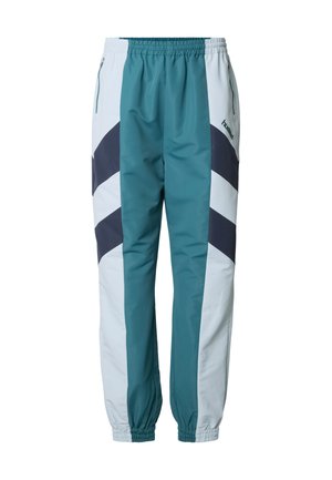 Spodnie dresowe w kolorze morskim i jasnoszarym z wzorami w kształcie szewronów, elastyczną talią, bocznymi kieszeniami oraz ściągaczami przy kostkach.