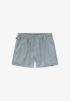 Mėlynos ir baltos dryžuotos maudymosi kelnaitės su elastinga juostele ir mažas prekės ženklo etiketė prie apatinės dalies. Pagamintos iš medvilnės mišinio.