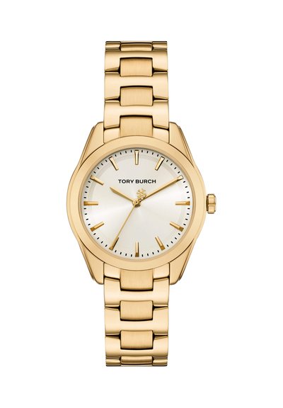 Montre-bracelet Tory Burch ton or avec bracelet à maillons, cadran blanc minimaliste, index dorés et trois aiguilles indiquant 1:12:37.