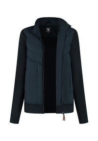 Heren zwart jack met gevoerde voorkant, gebreide mouwen, staande kraag en ritssluiting aan de voorkant.