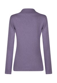 Paarse lange mouwen sweater met een geribde kraag en een gladde textuur. Eenvoudig ontwerp, getailleerde vorm, geen patronen of zichtbare hardware.