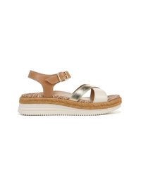 Brown and gold strappy wedge sandals with a textured jute midsole, white rubber outsole, and adjustable ankle buckle detail.