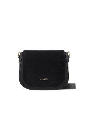 Black crossbody bag featuring a combination of suede and textured leather, gold hardware accents, and a flap closure. Brand logo is embossed.