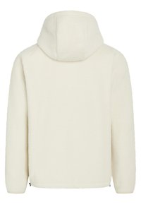 Witte fleece hoodie met een zachte, gestructureerde oppervlakte, een capuchon en koorden aan de zoom. Heeft lange mouwen en een eenvoudig, strak ontwerp.
