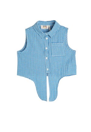 Sleeveless blue and white gingham checkered cropped shirt with button front, collar, chest pocket, and split hem detail.
