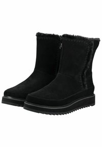 Botas de tobillo de ante negro con borde de piel sintética, cierre de cremallera en el costado y suelas de goma texturizadas con un patrón estriado.