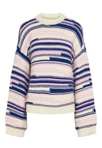 Strikket sweater med vandrette striber i marineblå, pink og creme. Rund hals, lange ærmer og ribbet kant. Tekstureret design med varierende sting.