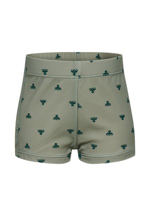 Zielone szorty wykonane z gładkiej tkaniny, ozdobione małym wzorem liści w ciemnej zieleni. Mają dopasowany krój i podszyte brzegi.