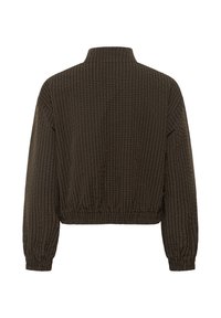 Veste marron à carreaux avec col montant, manches longues, poignets élastiques et taille élastique vue de dos sur fond blanc.
