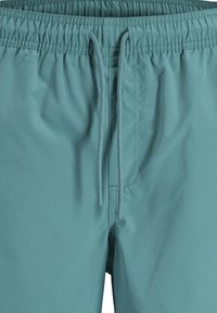 Shorts à taille élastique bleu sarcelle avec cordon de serrage ajustable et coutures visibles le long de la couture centrale avant et des poches.
