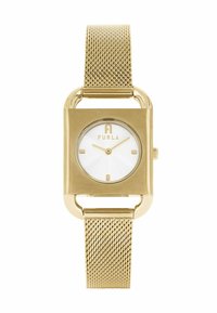 Kuldne ristkülikukujuline kell, millel on võrkmaterjalist rihm, valge kellaplaat, kaubamärgi logo "Furla" ülaosas ning minimalistlikud tundide ja minutite näidikud.