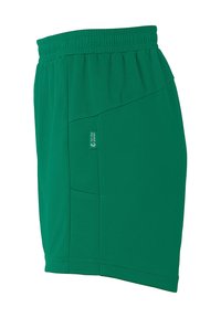 Groene sportshorts gemaakt van lichtgewicht, ademend materiaal. Elastische tailleband en zijzak, met een gladde textuur en een minimalistisch ontwerp.
