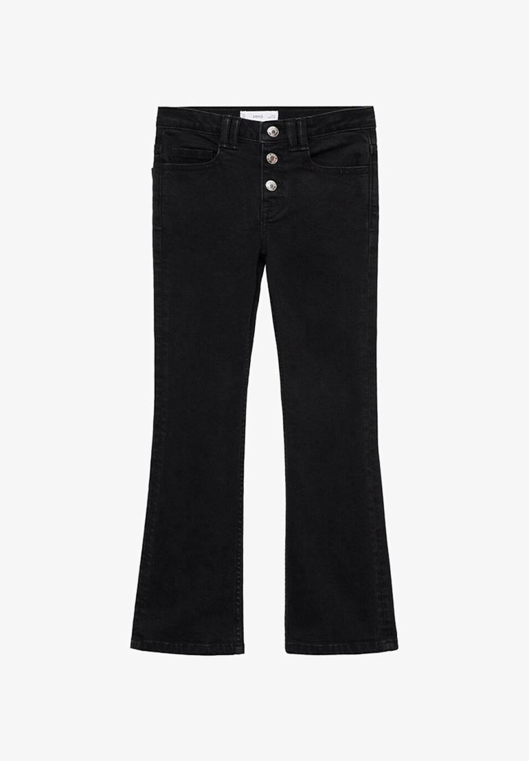 Črni široki jeans iz denima. Imajo visok pas, zapiranje z tremi gumbi in pet žepov z kontrastnim šivanjem.