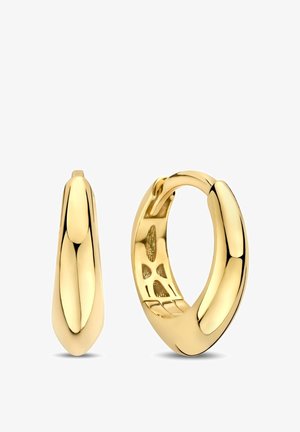 Gouden oorringen met een glad, afgerond ontwerp. Ze hebben een holle binnenkant met details en een gepolijste afwerking.