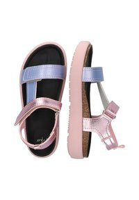 Schoenen met roze en blauwe synthetische banden, kurken voetbed, zwarte zool en klittenbandsluiting. Open achterkant voor gemakkelijke instap.