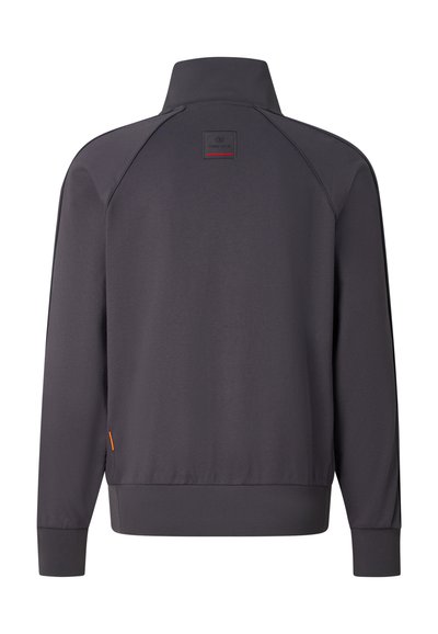 Donkergrijs jack met lange mouwen, een hoge kraag, elastische manchetten en zoom, en een klein gestikt logoplaatje op de bovenrug.