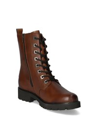 Bottines en cuir marron avec un laçage à l'avant, œillets en métal argenté, fermeture éclair sur le côté et une semelle en caoutchouc noir durable. Texture lisse, bout rond.