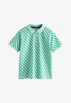 Tricou polo verde cu un model cu forme mici de tip H în nuanțe mai închise. Are guler și mâneci scurte, realizat dintr-un material ușor.