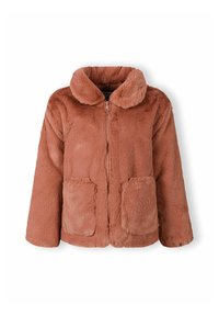 Blød, støvet rosa faux fur jakke med frontlynlås, bred krave, lange ærmer og to store forlommer.