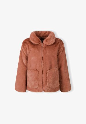 Soft, dusty rose faux fur jacket with a front zipper, wide collar, long sleeves, and two large front pockets.