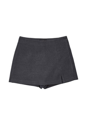 Dunkelgraue Shorts mit einem Streifenmuster, ausgestattet mit einem seitlichen Reißverschluss und einem leicht ausgestellten Saum mit kleinen Schlitzen.