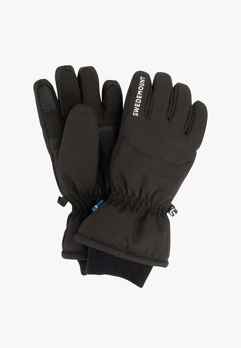 Black winter gloves made of soft material, featuring a snug fit with elastic cuffs, reinforced palms, and the brand name “SWEDEMOUNT” printed.