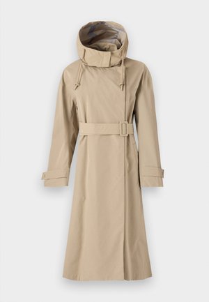 Beige trench coat with a high neck hood, cinched waist belt, and long sleeves with buttoned cuffs. Made from smooth, water-resistant fabric.