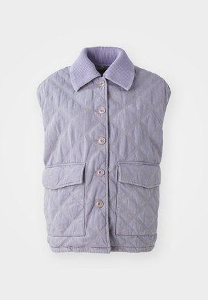 Lilac quilted vest with a ribbed collar, six buttons, and two front pockets; features a diamond pattern and soft texture.
