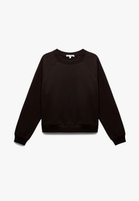 Sudadera negra hecha de un material suave, con cuello redondo, puños y dobladillo acanalados, y mangas raglán para un ajuste relajado.