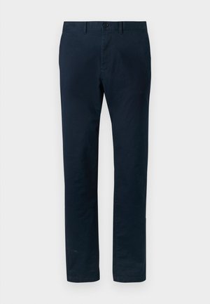 Navy Chinos aus Baumwolle; verfügen über ein gerades Bein-Design, einen einzelnen Knopfverschluss und seitliche Taschen mit einer glatten Textur.