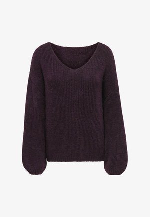Pull en maille violet foncé avec un col en V, des manches longues bouffantes et une coupe décontractée.