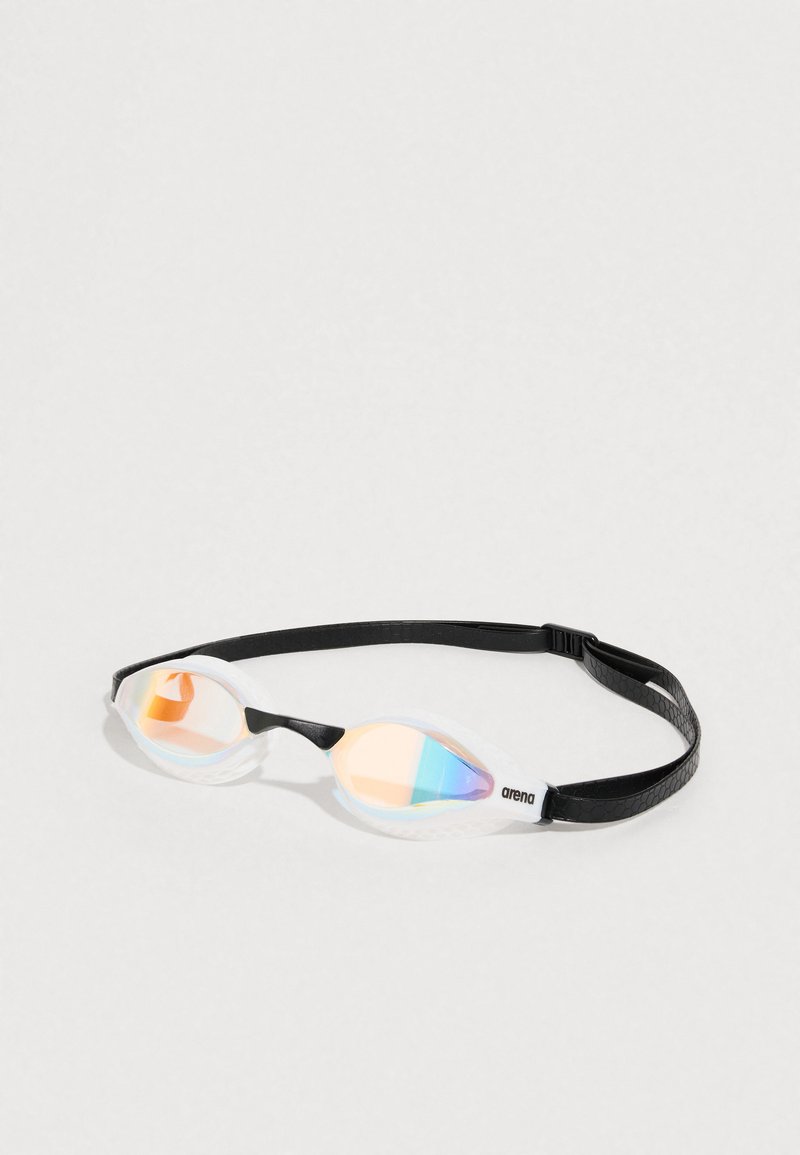 Ujumisprillid läbipaistva silikoonraamiga, peegelpildiga läätsed oranži ja sinise gradientvärvusega ning tekstuurse musta reguleeritava rihmaga.