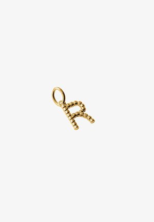 Colgante de oro en forma de la letra "R" formado por pequeñas cuentas redondeadas con un anillo de sujeción en la parte superior.
