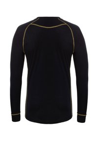 Zwarte langslijfshirt met contrasterende gouden stiksels langs de naden en manchetten, met een ronde hals en een gladde textuur. Geen grafische elementen.