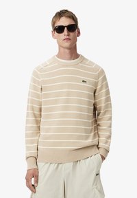 Maglione a righe color beige chiaro realizzato in morbido tessuto a maglia, con scollo e polsini a costine, caratterizzato da un piccolo logo verde sul petto.