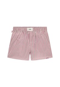 Boxer in cotone a righe bianche e rosa. Presenta un elastico in vita e una piccola etichetta con il nome del marchio. Include una tasca frontale.