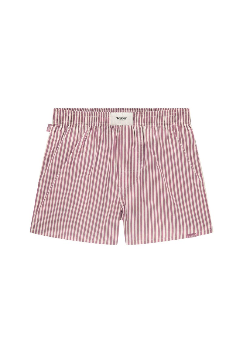 Boxer in cotone a righe bianche e rosa. Presenta un elastico in vita e una piccola etichetta con il nome del marchio. Include una tasca frontale.