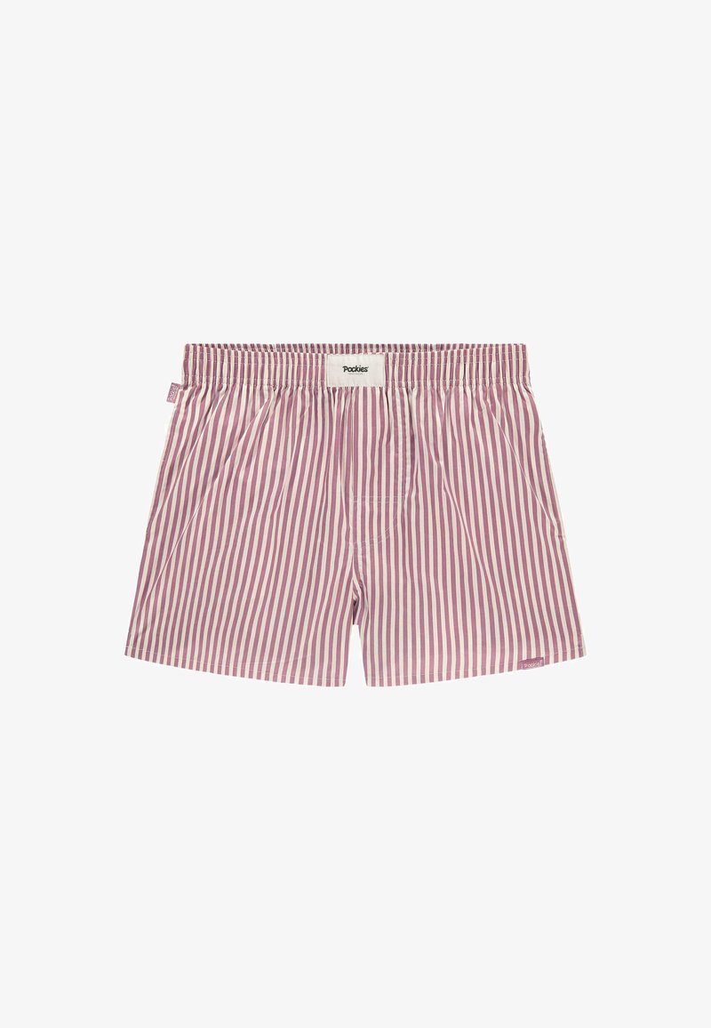 Striped cotton boxer shorts in white and pink. Features an elastic waistband and a small tag with the brand name. Includes a front pocket.