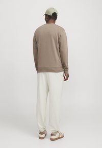 Lys brun sweatshirt med ribbede manchetter, parret med cremefarvede joggere og beige sneakers. Kappen er lysegrøn, hvilket fuldender det afslappede look.