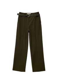 Vaatteet, joissa on leveät lahkeet tummanoliivinvihreästä kankaasta, vyö hopeisella soljella, sileä pinta ja muotoillut etupleijat.