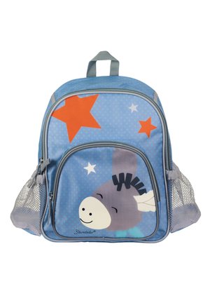 Blue fabric backpack with orange and white star patterns, featuring a smiling donkey design. Mesh side pockets and a top handle for carrying.