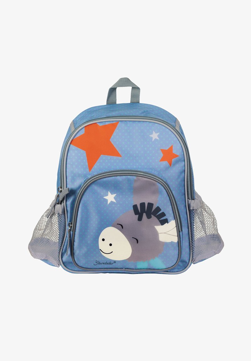 Blauer Stoff-Rucksack mit orange-weißen Sternmustern, der ein lächelndes Esel-Design zeigt. Mit Netzseitentaschen und einem Tragegriff oben.